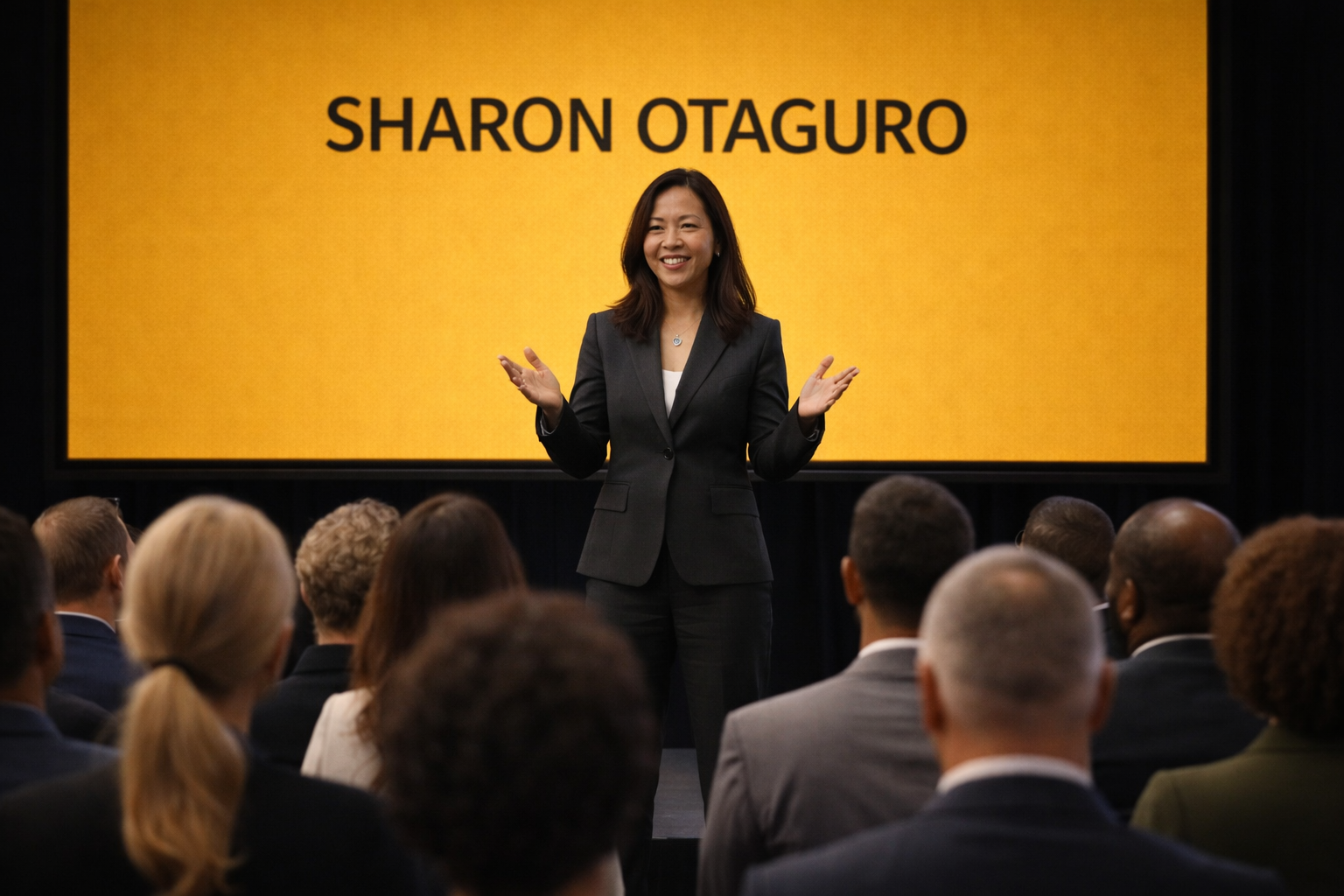 Sharon Otaguro speaking on stage at a leadership conference